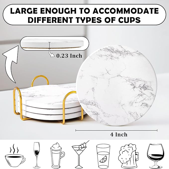 Absorbent Ceramic Coasters Set of 4, Modern Marble Style Drink Coasters | 4 - Image 6