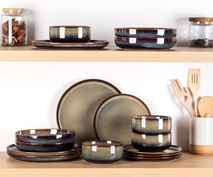 Ceramic Dinnerware Set for 4, 16-Piece Plates and Bowls Set | Handmade Reactive - Image 7