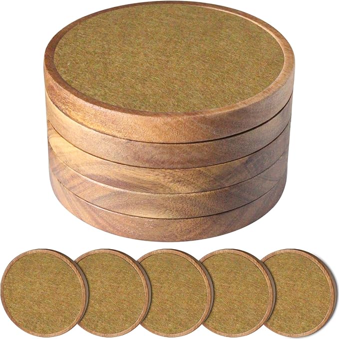 5 Pack Coasters for Drinks Absorbent, Wood Coasters with Felt Pads, Drink Coasters for Coffee Tabletop Protection, Non-Slip, Non-Stick, Suit for Kinds of Cups 4.3 inch Brown