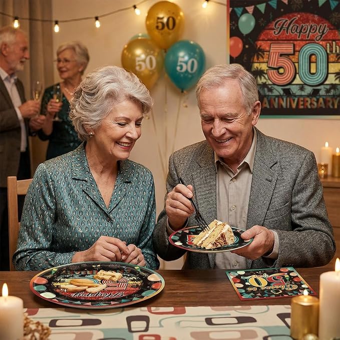 EUOYUFO 96Pcs Vintage 50th Anniversary Paper Plates Napkins Forks 50th Wedding - Image 7