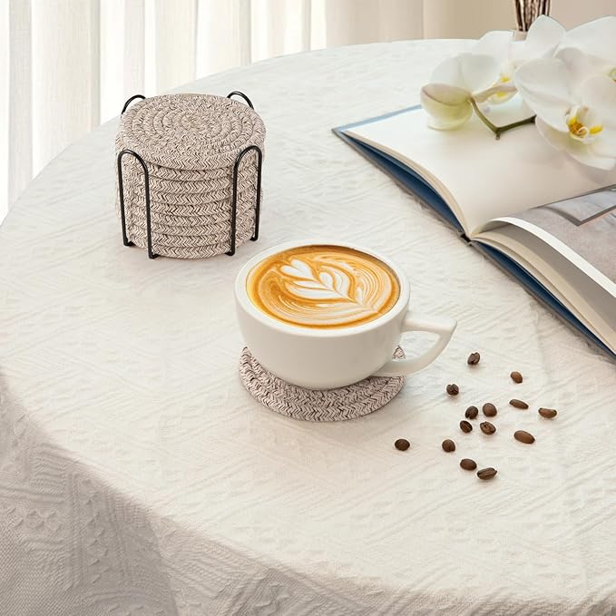 OIAHOMY 10 Pcs Drink Coasters with Holder, Boho Cotton Woven Coaster Set, Absorbent Coaster Protection for Various Cups, Ideal for Coffee Tables Home Decor and Gift, 4.3 Inches,Mixed Brown