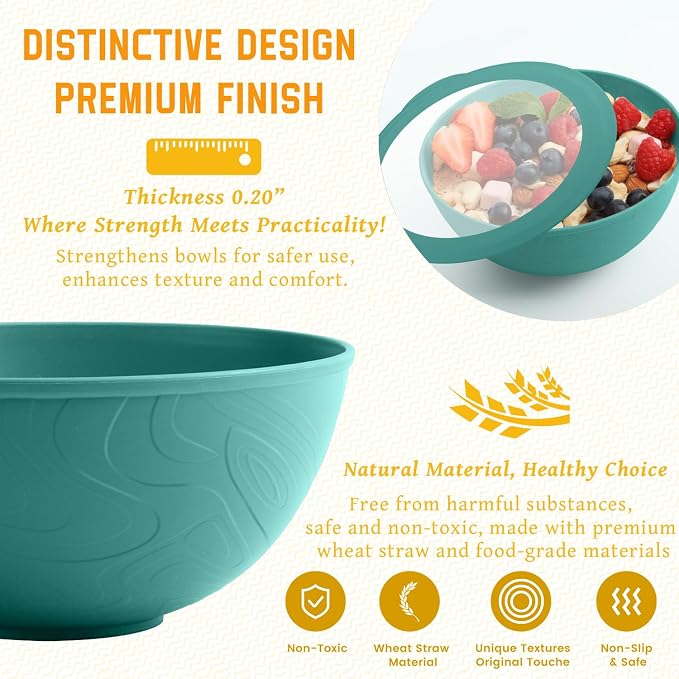 Bowls with Lids, Wheat Straw Bowl Set of 4-40 OZ Cereal Bowls and Silicone Edge - Image 3
