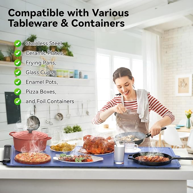 Warming Mat for Food Extra Large: 36"X16" Adjustable Silicone Food Warming Mat Heating Pad Food Warming Pad for Kitchen Counter Warming Trays for Buffets Party Hot Plates for Countertop Family Blue