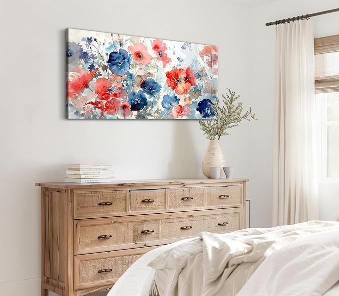 ADJUVANT Wall Art Watercolor Vibrant Floral 48"L x 24"W, Colorful Poppies With Soft Hues Canvas Painting Lively Blooms Artwork Delicate Tones Prints Wall Decor for Living Room Bedroom Bathroom Home Office