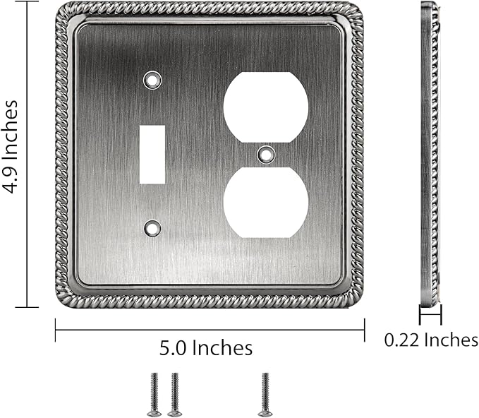 Henne Bery Rope Edge Decorative Wall Plate Switch Plate Outlet Cover (Toggle/Duplex, Heirloom Silver)