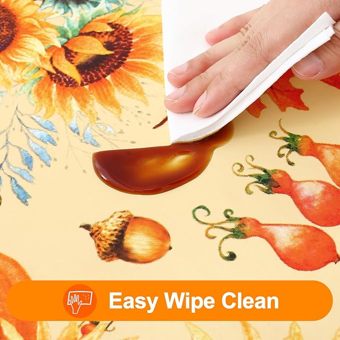 Smiry Plastic Thanksgiving Tablecloth, Sunflower & Pumpkin Waterproof Elastic Fitted Table Covers for 8 Foot Tables, Wipeable Flannel Backed Vinyl Tablecloths for Autumn Harvest (Gold, 30x96 Inches)