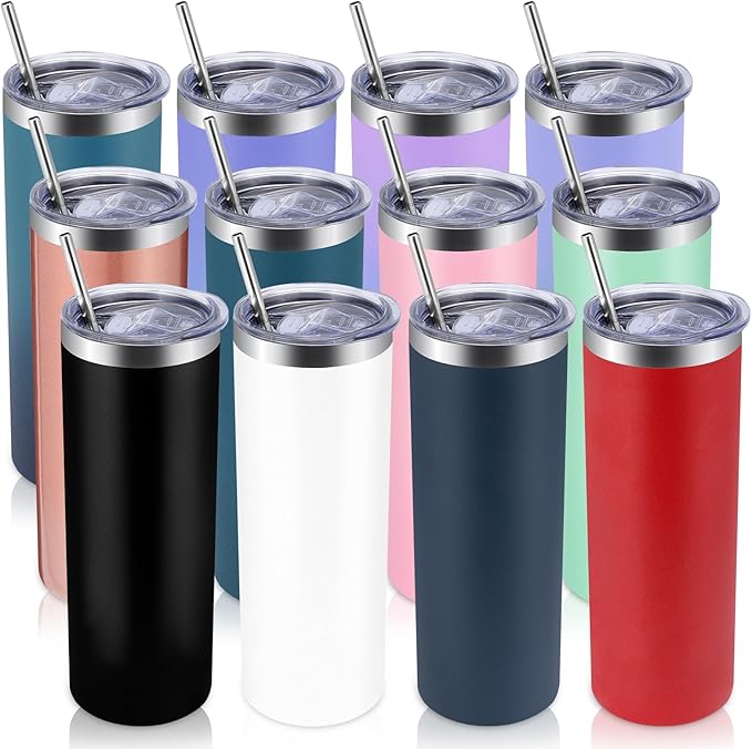 Volhoply 12 Pack Skinny Tumblers with Lid and Straw, 20oz Stainless Steel Straight Tumbler Bulk, Vacuum Insulated Coffee Mug for Home, Office, Travel, DIY (Mix Color,12 Pack)