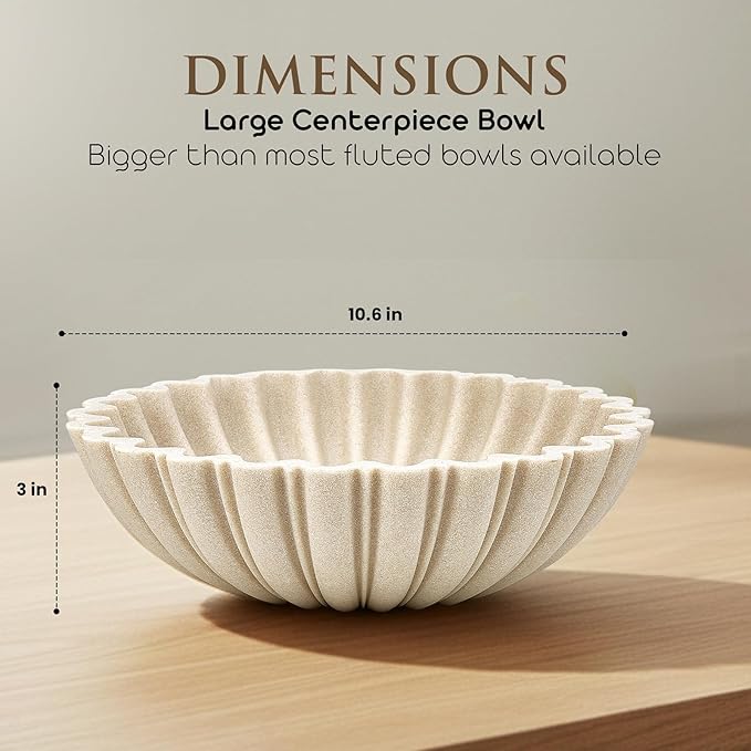 Modern Decorative Bowl for Home Decor - 10.6" Large Beige Resin & Sandstone Centerpiece Bowl for Entryway Table, Coffee Table, Kitchen Counter or Serving Fruit, Keys, Candy
