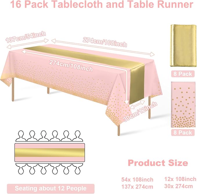 16Pack Disposable Plastic Tablecloths and Satin Table Runner Set Pink and Gold - Image 2