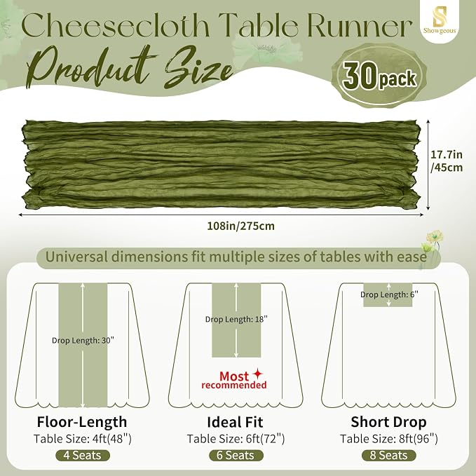Showgeous 30 Pack Olive Green Cheesecloth Table Runner, 17 x 108 Inches | Boho - Image 2