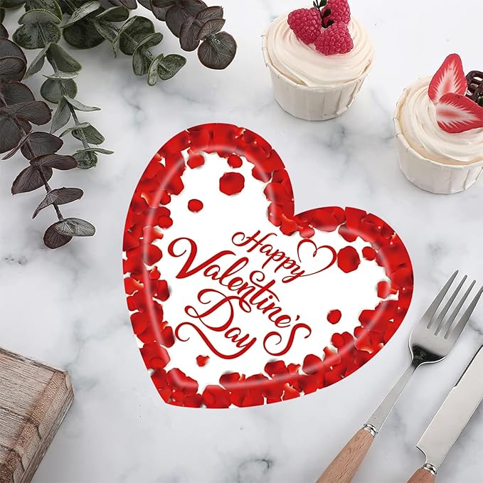 20 Pieces Happy Valentine's Day Paper Plates, 7" Disposable Rose Love Heart Paper Plates Dessert Dinner Plate, Weddings Anniversary Valentine's Day Party Supplies