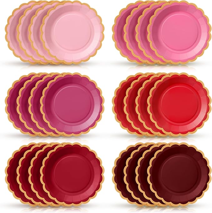 48 Pcs Valentine's Day Paper Plates 9 Inch Gradient Red Pink Scalloped Paper Plates Disposable Dinner Dessert for Valentine Anniversary Birthday Wedding Party Supplies, 6 Colors