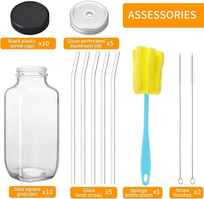 CUCUMI 10pcs 16oz Glass Juice Bottles - Image 3