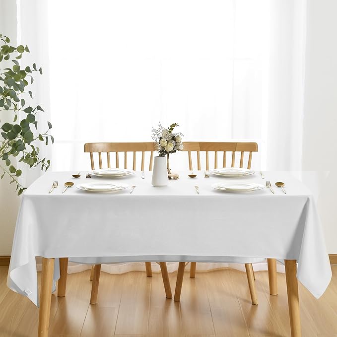 JIUZHEN Rectangle Table Cloth Faux Linen Farmhouse Tablecloth Wrinkle and Stain Resistant Decorative Fabric Table Cover for Kitchen, Dining Room, Parties and Camping, White, 60 x 120 Inch