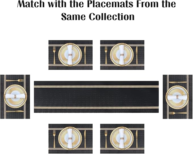 FAVE Placemats Set of 12 Black Placemats Woven with Golden Thread Vinyl Placemat for Wedding, Banquet, Birthday, Party, Restaurant Decorations(Black, 12"x18"-12PCS)