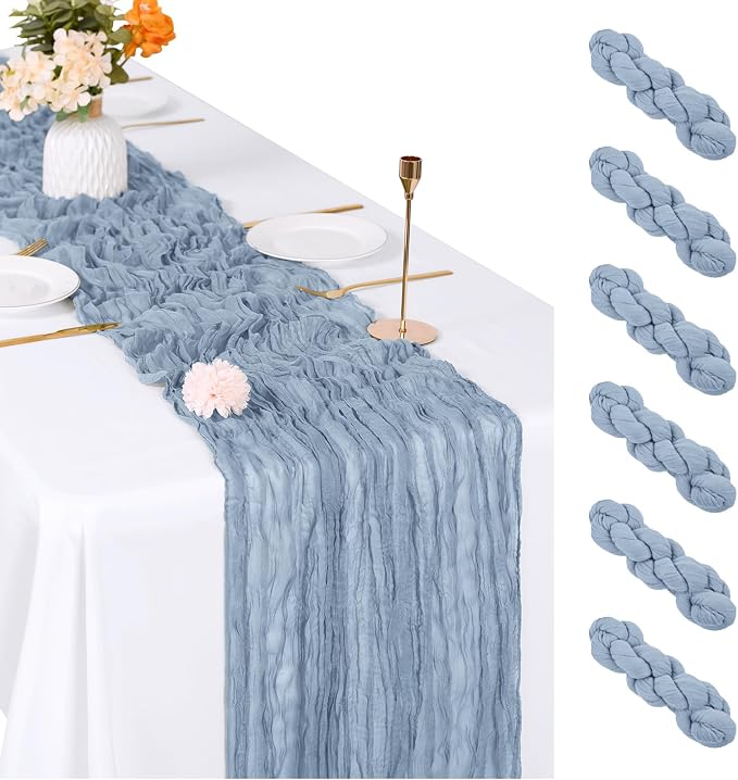 6 Pack Dusty Blue Cheesecloth Table Runner, 17 x 108 inch, Semi Sheer Boho by ACSUIT