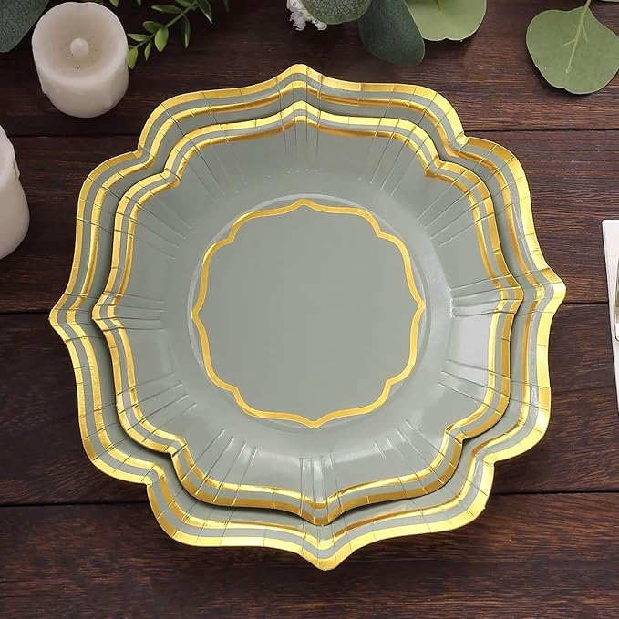 50 Pack 8" Sage Green/Gold Scallop Rim Dessert Plates, Disposable Round Paper Appetizer Salad Plates 300 GSM for Party Decoration