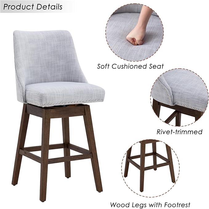 27.5" Counter Height Bar Stools Set of 2, Linen Fabric Mid Century Modern Swivel Barstool with Back & Wood Legs Comfy Upholstered Counter Chairs for Home Bar/Dining Room/Restaurant, Grey