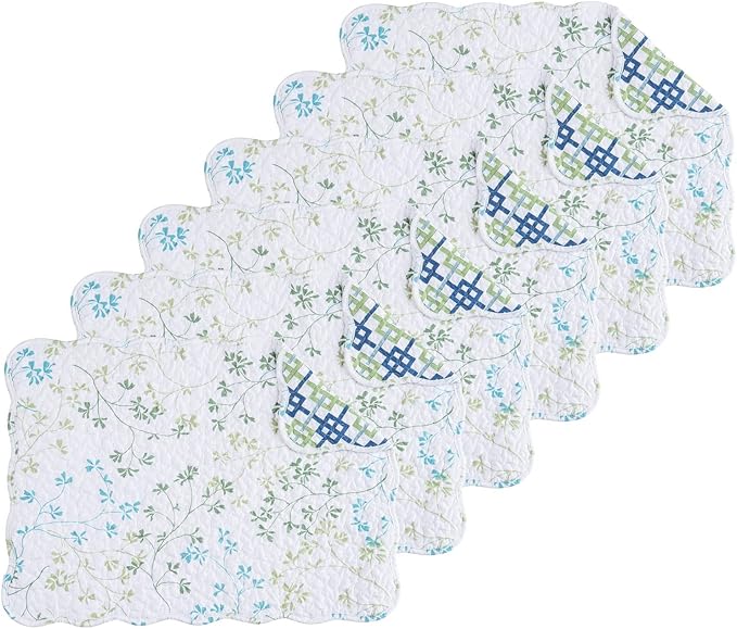 C&F Home Olivia Blue and White Floral Cotton Quilted Reversible Machine Washable Vintage Design Placemat Set 6 Scalloped Edges for Kitchen or Dining Table Rectangular Placemat Set of 6 White