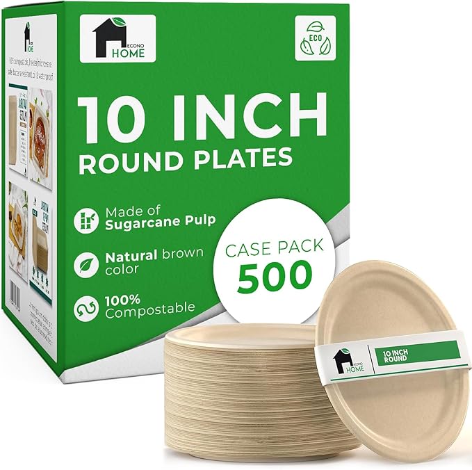 EconoHome 10 Inch Compostable Paper Plates - Eco-Conscious Disposable Plates Made of Bagasse or Sugarcane Fiber - Microwave, Refrigerator-Safe - Heavy Duty Paper Plates for Dinner - Case of 500