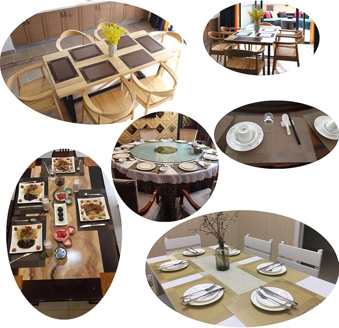 Placemats Washable Easy to Clean PVC Placemat for Kitchen Table Heat-resistand Woven Vinyl Table Mats 12x18 inches Set of 6 （Brown）