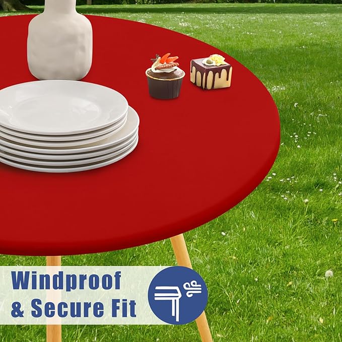 Round Spandex Christmas Tablecloth 2 Pack, Elastic Fitted Waterproof Tablecloths for 45"-56" Tables, Stretch Washable Picnic Table Cover for Camping, Dining, Indoor and Outdoor, Red