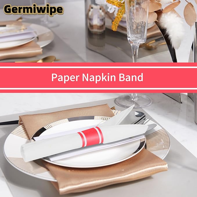 Germiwipe Red White Striped Paper Napkin Bands Self Adhesive - 500 Pcs 1.5x4.25 Inches Silverware Wraps Band Disposable Paper Napkin Rings for Restaurant Wedding Party Home Outdoor Holidays