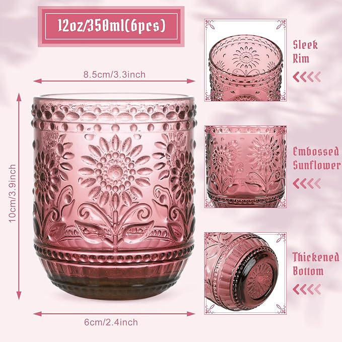 Topsky Vintage Drinking Glass Set of 6,12 oz Embossed Floral Decorative Glassware Set,Glass Cups Wine Glasses Beverages Tumblers Colored Glassware for Whisky,Beer,Juice,Cocktail,Heavy Duty