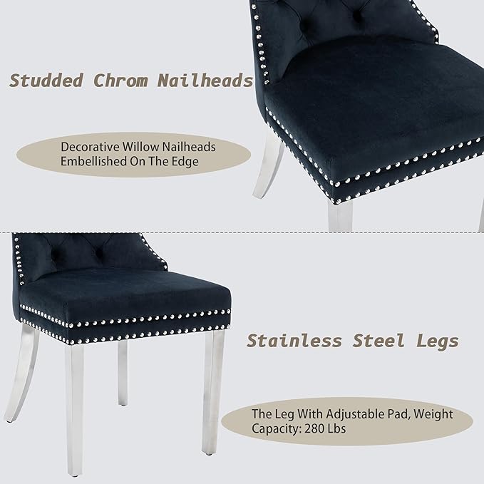 KCC Velvet Dining Chairs Set of 4, Upholstered High-end Tufted Dining Room Chair with Nailhead Back Ring Pull Trim Stainless Steel Legs, Contemporary Nikki Collection Modern Style for Kitchen, Black