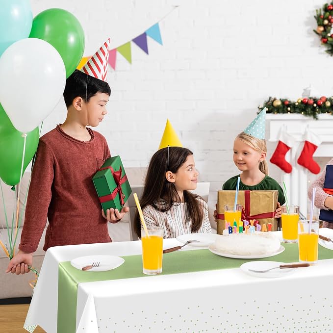 8Pack Plastic Tablecloths and Satin Table Runner Set Disposable White and Sage - Image 6