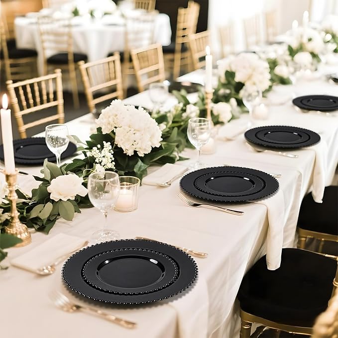 U-QE 60PCS Black Plastic Plates - Heavy Duty Black Disposable Plates Including 30PCS 10.25'' Dinner & 30PCS 7.5'' Dessert Plates -Hard Plastic Plate for Party Wedding Bridal Shower