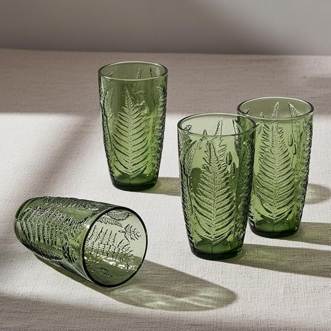 Green Drinking Glasses Set of 4, 16 oz Glass Cups, Vintage Fern Glassware | - Image 2