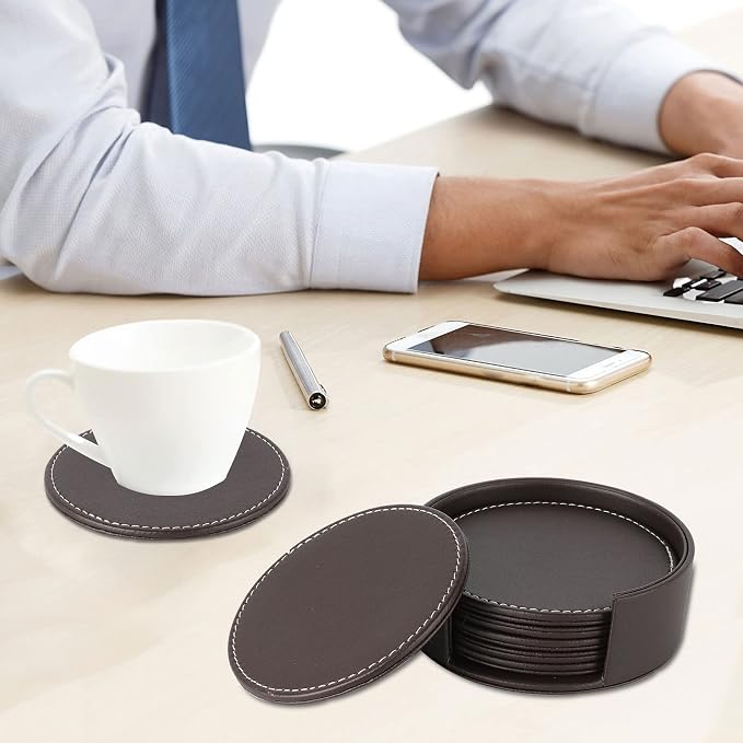 Set of 6 Round Leather Bar Coasters - Image 4