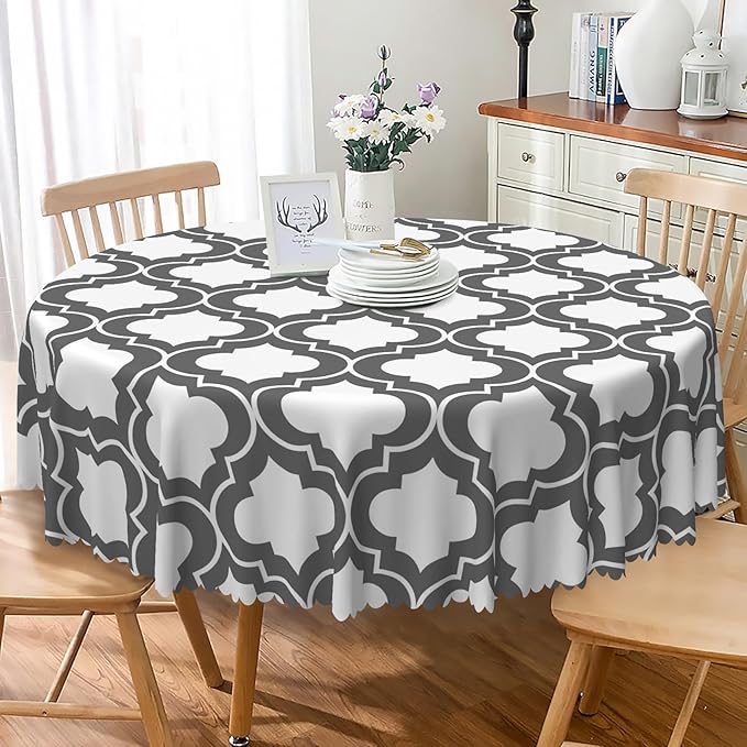 Laeacco 36 Inch Morocco Round Tablecloth Grey White Geometric Lattice Modern Abstract Art Print Table Cloth Washable Waterproof Wrinkle Free Table Cover for Kitchen Dining Picnic Party Decoration