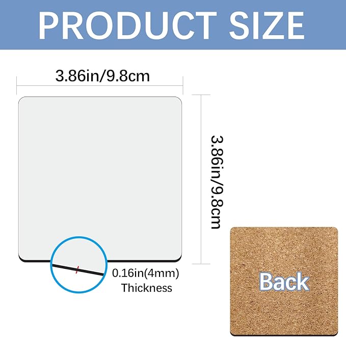 36 Pcs Sublimation Square Coaster Blanks Bulk with Cork Back MDF Heat Transfer Wood Cork Coasters Product Blank Iteam 3.86x3.86 Inch