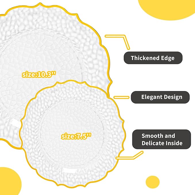 N9R 120 PCS Clear and Gold Plastic Plate, Clear Disposable Plate with Gold Rim, Stone Texture Plates Include 120 Dinner & Dessert Plates for Wedding, Party