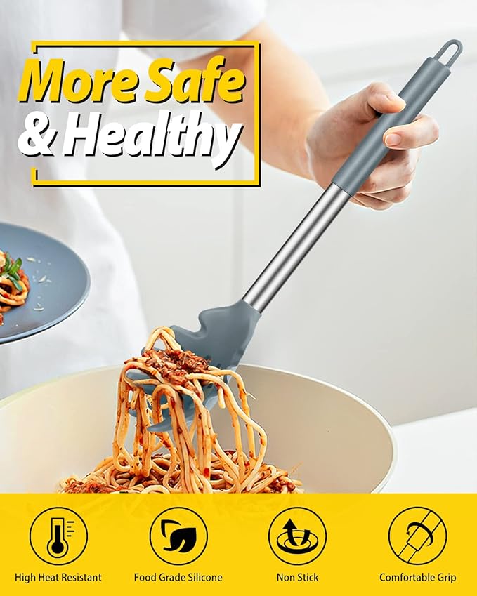 Silicone Pasta Fork and Ladle Spoon Set, Large Non Stick Kitchen Utensils for Cooking,Stirring,Serving Spaghetti, Soup, Sauce (GRAY)