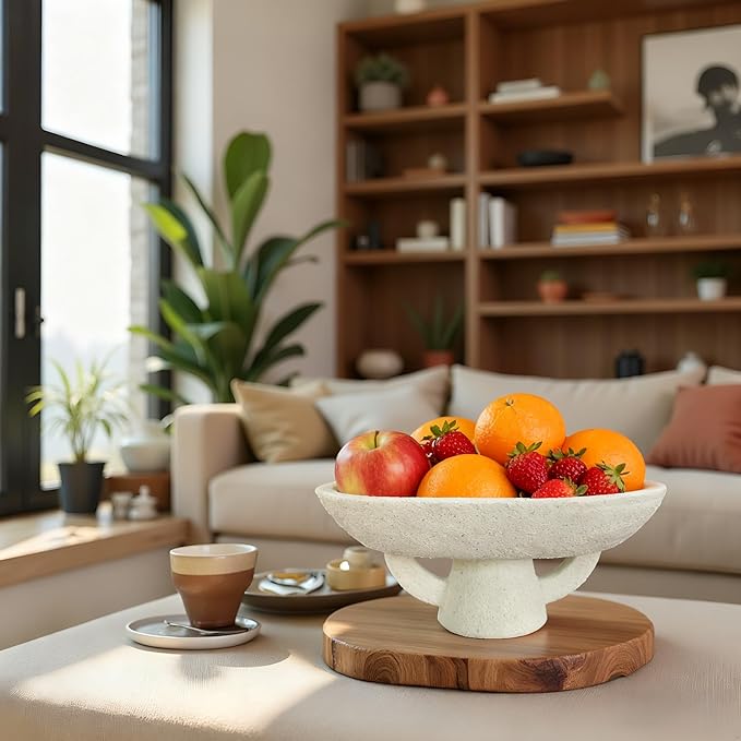 Boho Modern Decorative Bowl decor - Multi functional modern home Pedestal decoration bowl,Handicraft Bowls,Stylish Key Bowl for Entry Table,Fruit Bowls for Kitchen Counter,Artificial Stone White