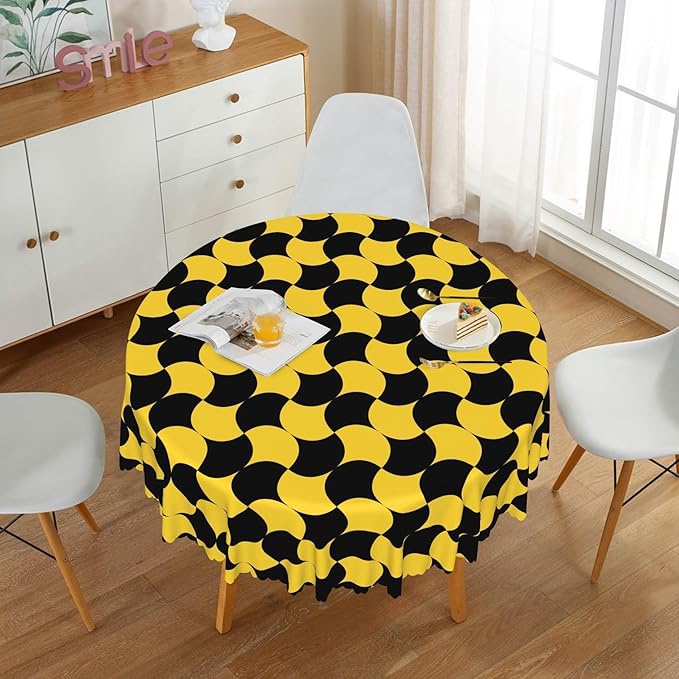 Laeacco 60 Inch Geometric Round Tablecloth Black and Gold Abstract Pattern Modern Art Print Table Cloth Washable Waterproof Wrinkle Free Table Cover for Kitchen Dining Picnic Party Decoration