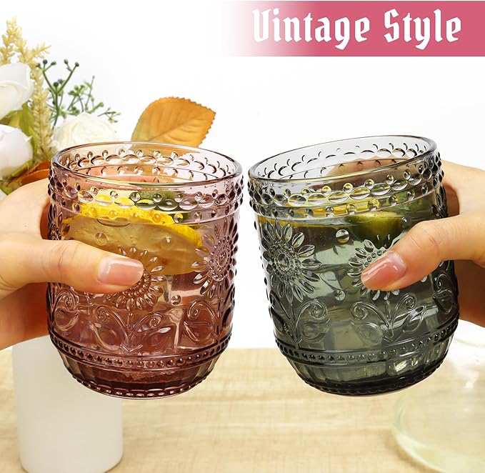 Topsky Vintage Drinking Glass Set of 4,12 oz Embossed Floral Drinkware Set,Pink Purple Drinking Glasses Cups Wine Glasses Colored Glassware for Whisky,Beer,Juice,Cocktail,Heavy Duty