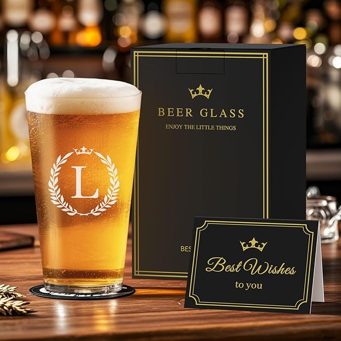 Personalized Beer Glasses Gifts for Men, 16 oz Pint Glasses Monogrammed A-Z Drinking Glass Cups Customized Gift, Unique Christmas Anniversary Birthday Gifts for Men Him Dad Brother Husband Grandpa (L)