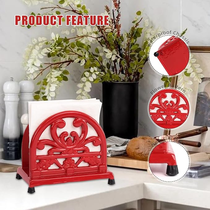 Vintage Cast Iron Napkin Holder for Table, Upright Paper Napkins Dispenser for Kitchen Restaurant Cocktail Bar with Red Flower Pattern Decor