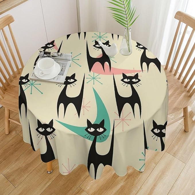 Mid Century Colorful Modern Cat Round Tablecloth, Medieval Bohemian Abstract Animal Tablecloth for Home Party Dining Room Kitchen Decor 50Inch(127cm)