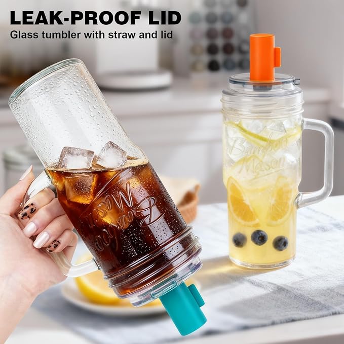 ANOTION Glass Tumbler With Handle Bamboo Mason Leakproof Mason Jar Cups with - Image 4