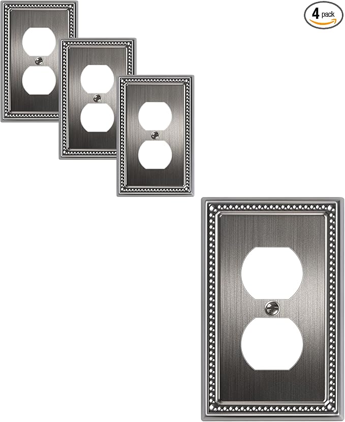4-Pack Duplex Outlet Cover, Silver Metal Wall Plates for Electrical Outlets, 1 Gang Receptacle Light Switch Cover, Pearls Beaded Decorative Switch Plates and Outlet Covers