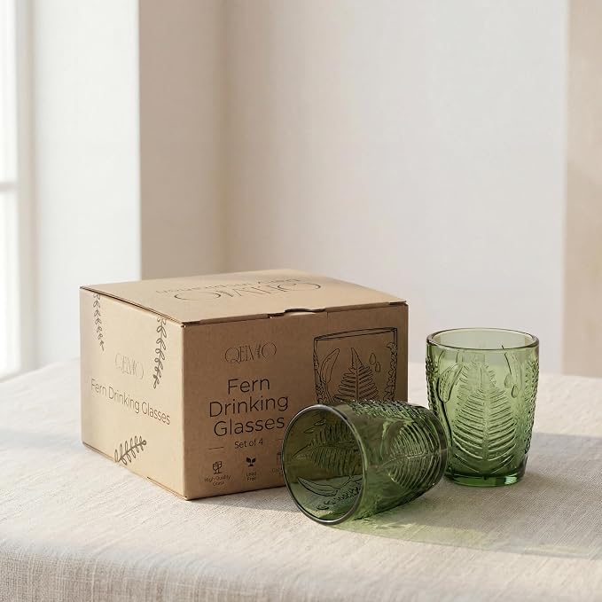 Green Drinking Glasses Set of 4, 10 oz Glass Cups, Vintage Fern Glassware | - Image 6