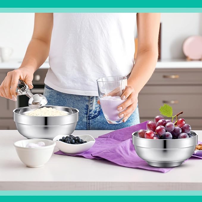 8 Pack 24 oz Stainless Steel Bowls Double Walled Insulated Soup Ice Cream Metal Mixing Nesting Bowls for Serving Soup Rice Cereal (304 Stainless Steel)