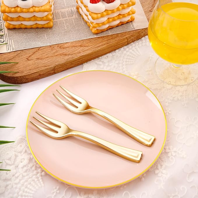 Festiva 400Pcs Pink Gold Dessert Plates 6.3" with Forks 5"- 200PCS Small Disposable Dessert/Cake/Appetizer Plates and 200PCS Forks - Serve 200 Guests for Birthday Party& Wedding &Valentine's Day