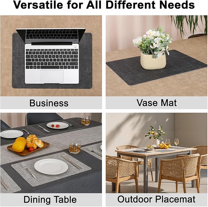 Myir JUN Reversible Vinyl Placemats Set of 6, Faux Leather Place Mats Dual Sided Waterproof Oilproof Wipeable, Heat-Resistant Table Mats for Kitchen Dining Indoor Outdoor (12" x 17", Light Gray Gray)