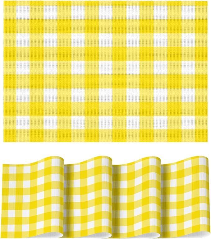 Artoid Mode Buffalo Plaid Vinyl Placemats Set of 4, 12x18 Inch Washable Non-Slip Heat Resistant Plastic Place Mats for Party Dining Table, Yellow/White